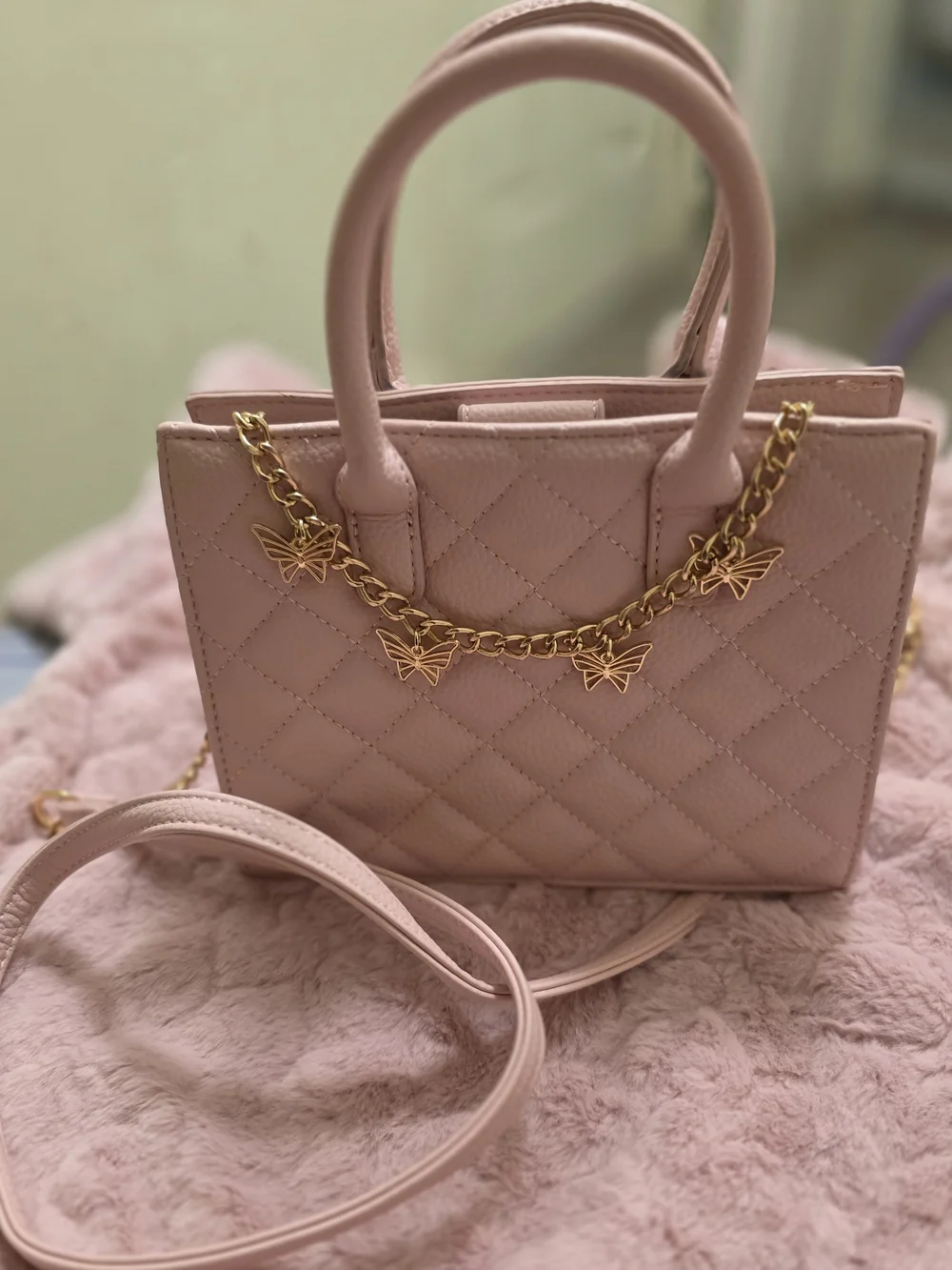 Quilted Pink Top-Handle Satchel with Gold Butterfly Chain